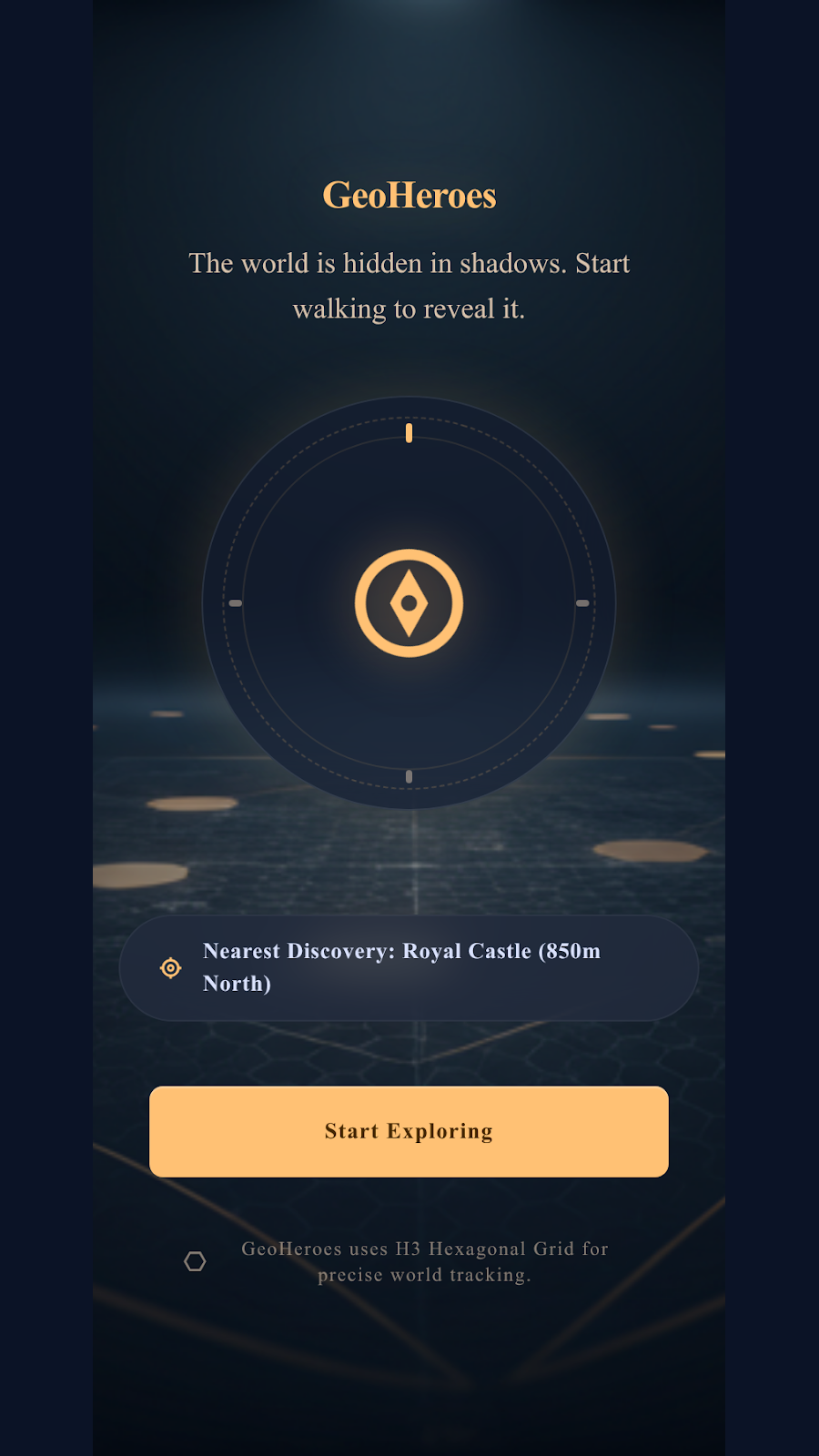 GeoHeroes — ekran startowy z kompasem